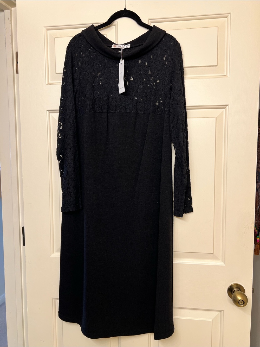Lila Kass Black Lace-Yoke Midi Dress with Cowl Neck
